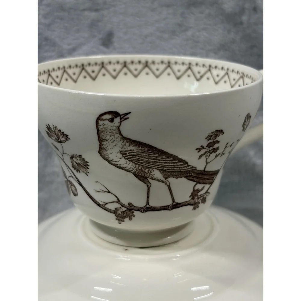Wedgwood‎ Williamsburg Aviary Teacup Saucer Set Ivory Brown Birds England
